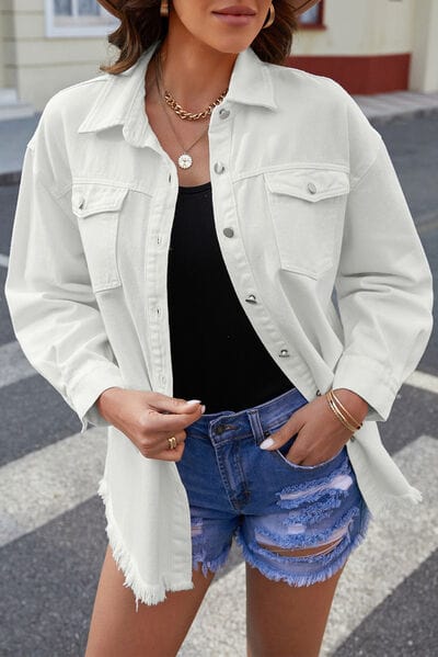 Button Up Pocketed Raw Hem Denim Jacket White / S