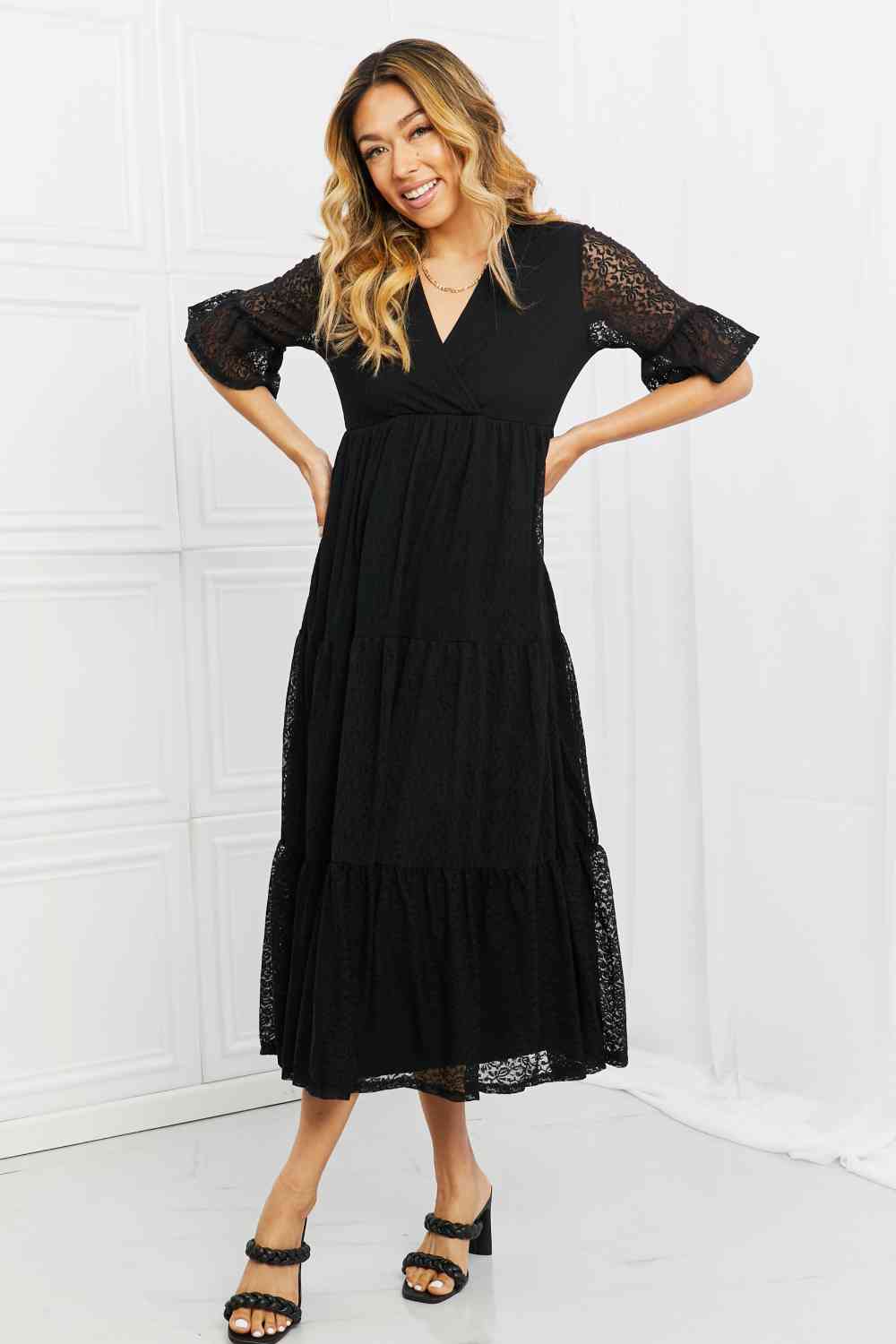 P & Rose Lovely Lace Full Size Tiered Dress Black / S
