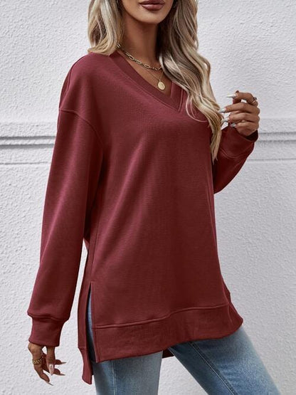 V-Neck Slit Long Sleeve Sweatshirt Wine / S