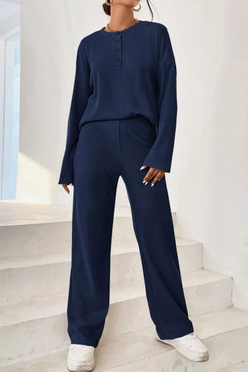 Ribbed Half Button Top and Pants Set Peacock  Blue / S