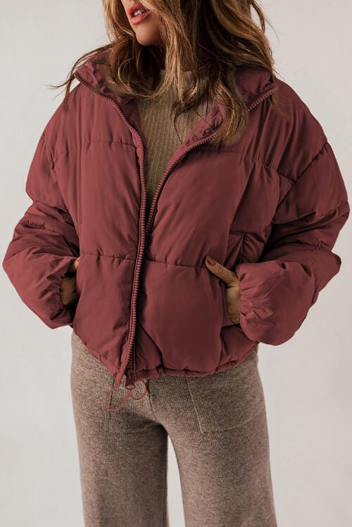 Zip Up Collared Neck Long Sleeve Winter Coat Brick Red / S
