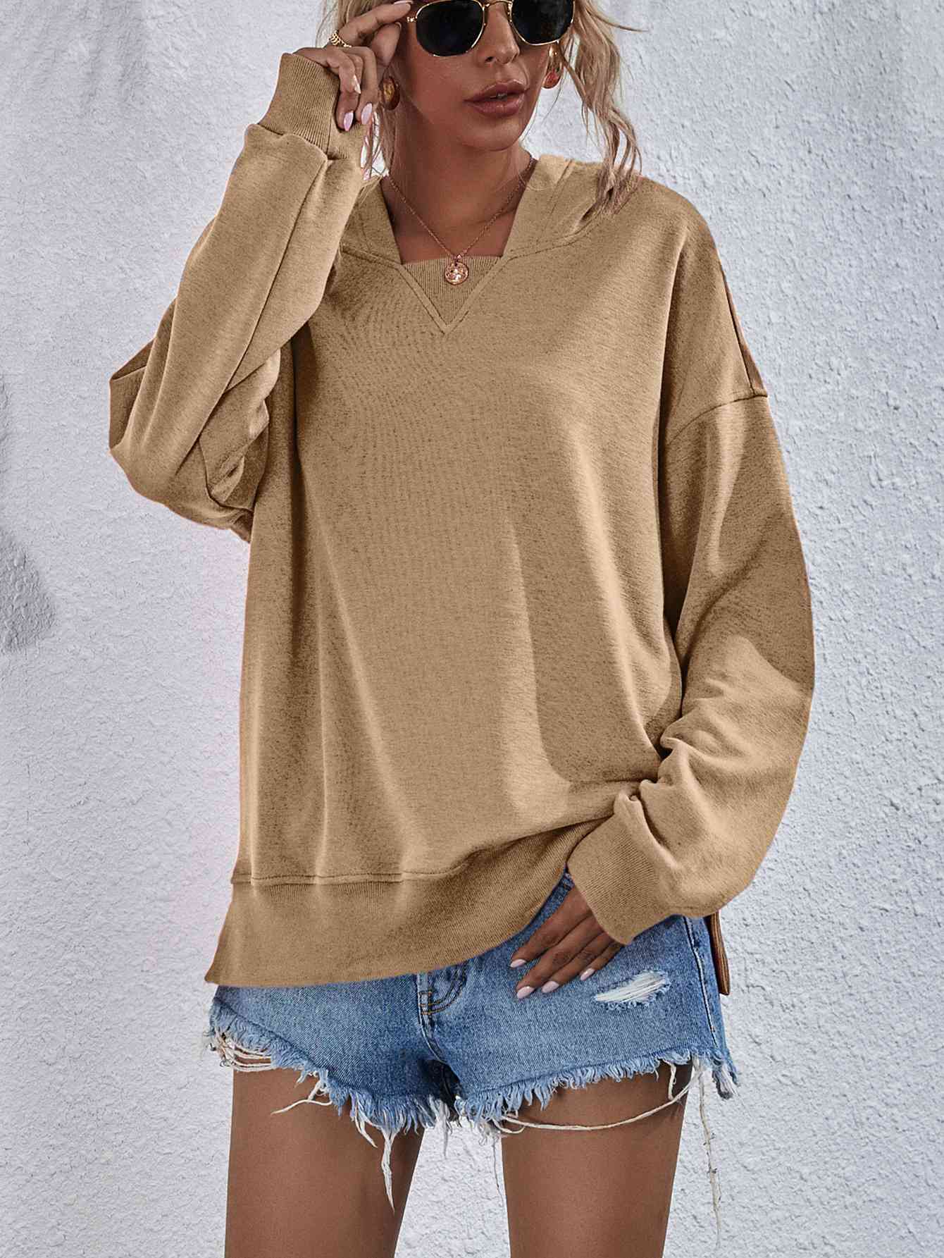 Dropped Shoulder Slit Hoodie Tan / S