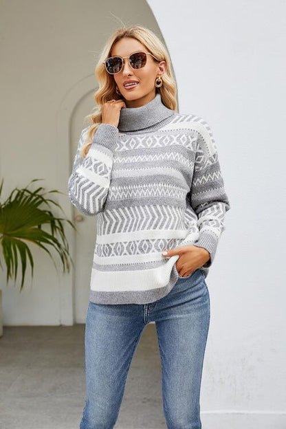 Geometric Turtleneck Long Sleeve Sweater Light Gray / S