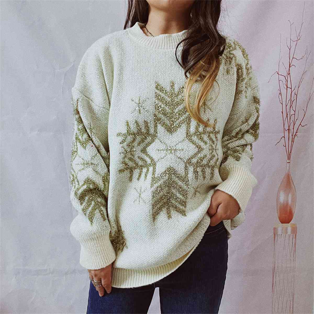 Snowflake Pattern Long Sleeve Sweater Cream / S