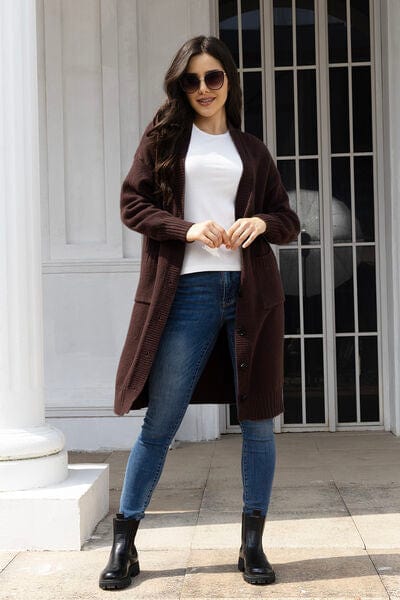 Button Up Long Sleeve Cardigan with Pockets Chocolate / S