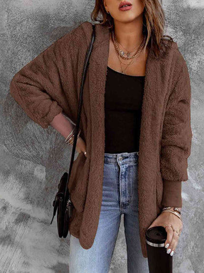 Open Front Hooded Faux Fur Outwear with Pockets Chestnut / S