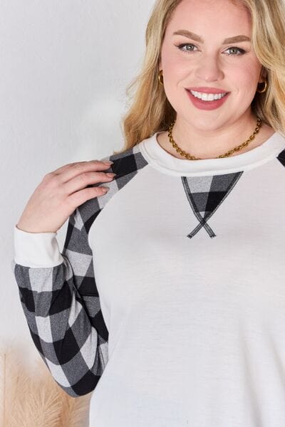 Hailey & Co Full Size Plaid Raglan Sleeve Round Neck Top