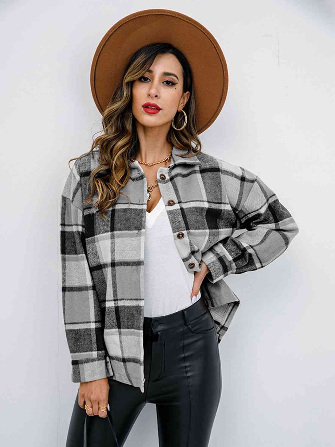 Campfire Plaid Button Up Collared Neck Jacket Charcoal / S