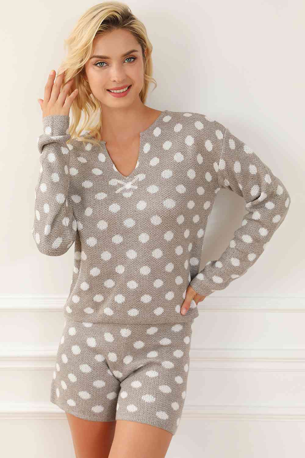 Polka Dot Notched Neck Top and Shorts Set