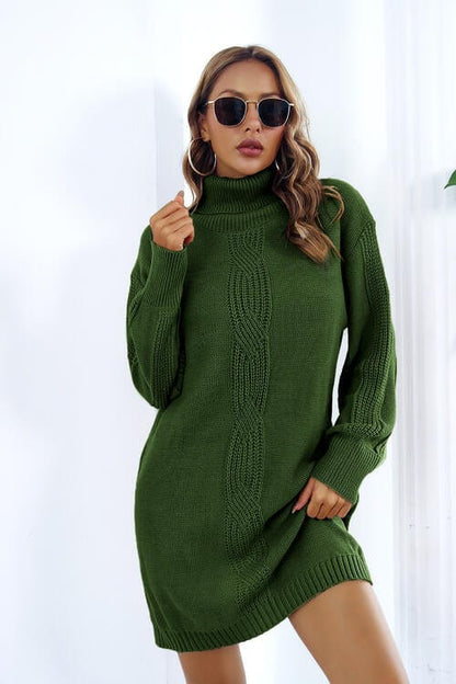 Openwork Turtleneck Long Sleeve Sweater Dress Green / S