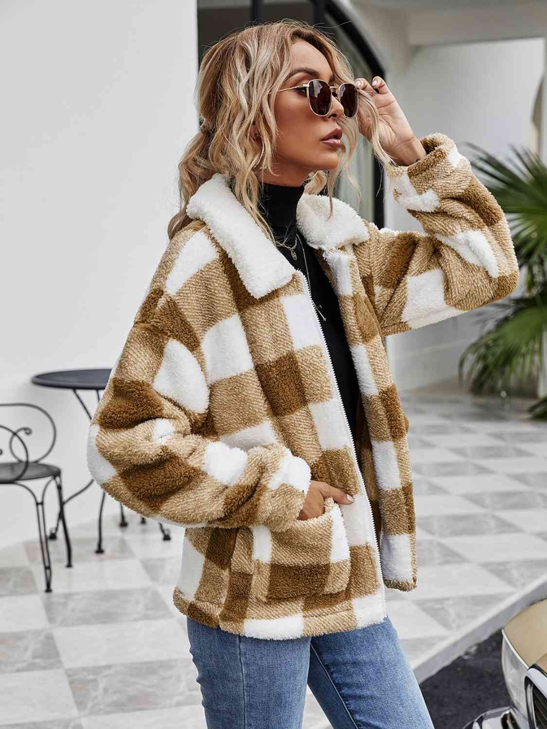 Fuzzy Plaid Zip-Up Collared Jacket