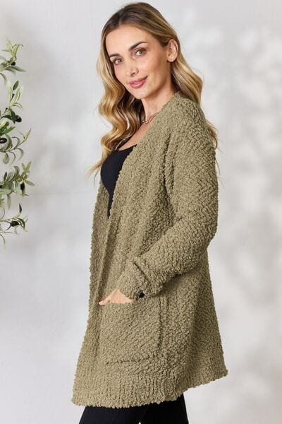 Zenana Falling For You Khaki Open Front Popcorn Cardigan