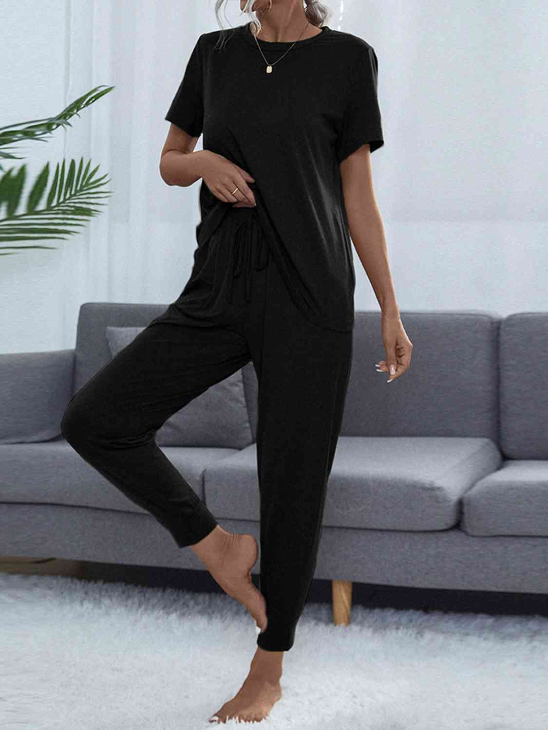 Round Neck Short Sleeve Top and Pants Set Black / XS
