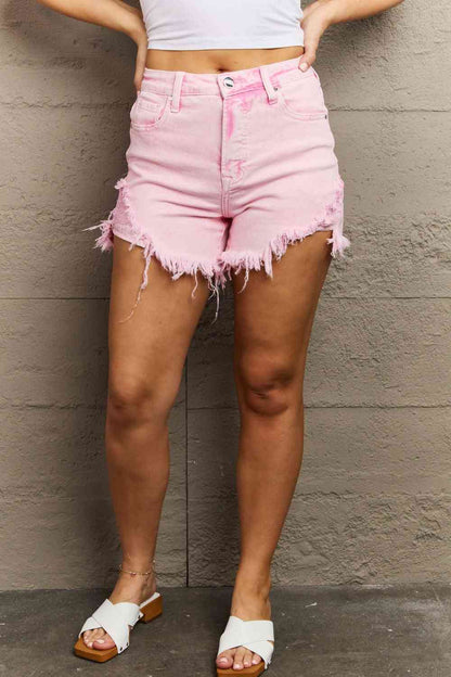 RISEN Kylie High Waist Raw Hem Shorts Acid Pink / S