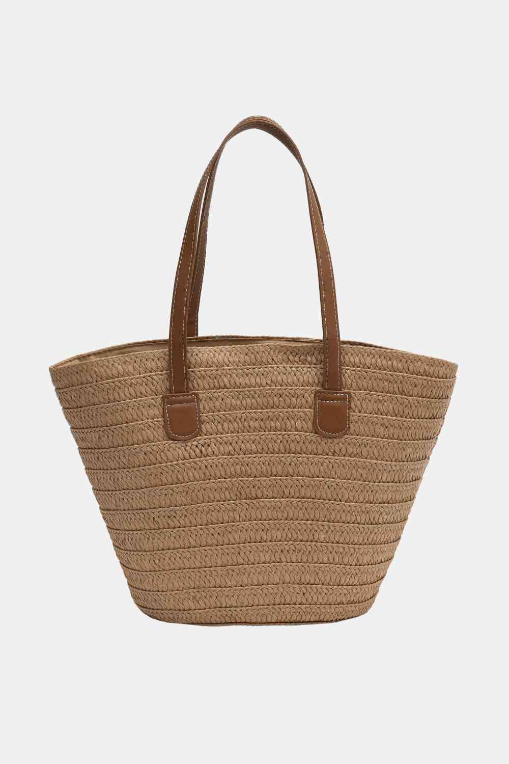 Vegan Leather Handle Straw Tote Bag Camel / One Size