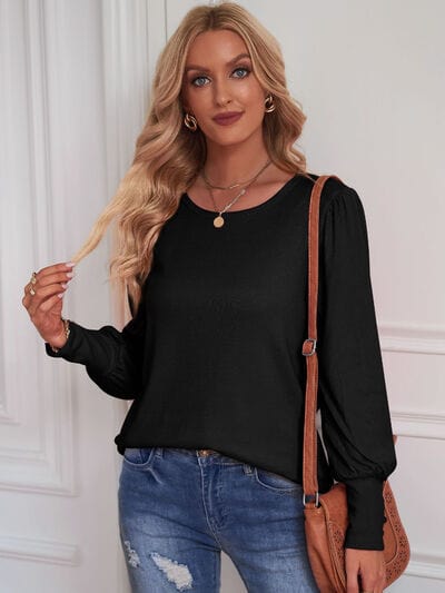 Round Neck Lantern Sleeve Blouse Black / S