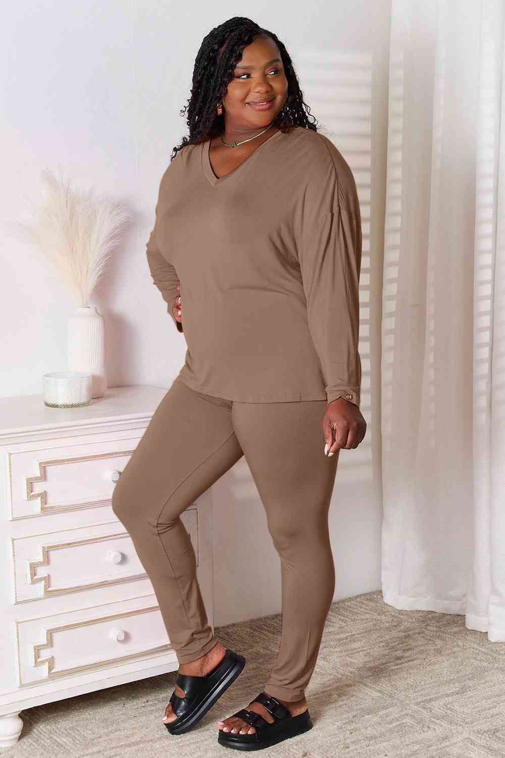 Basic Bae Full Size V-Neck Soft Rayon Long Sleeve Top and Pants Lounge Set Taupe / S