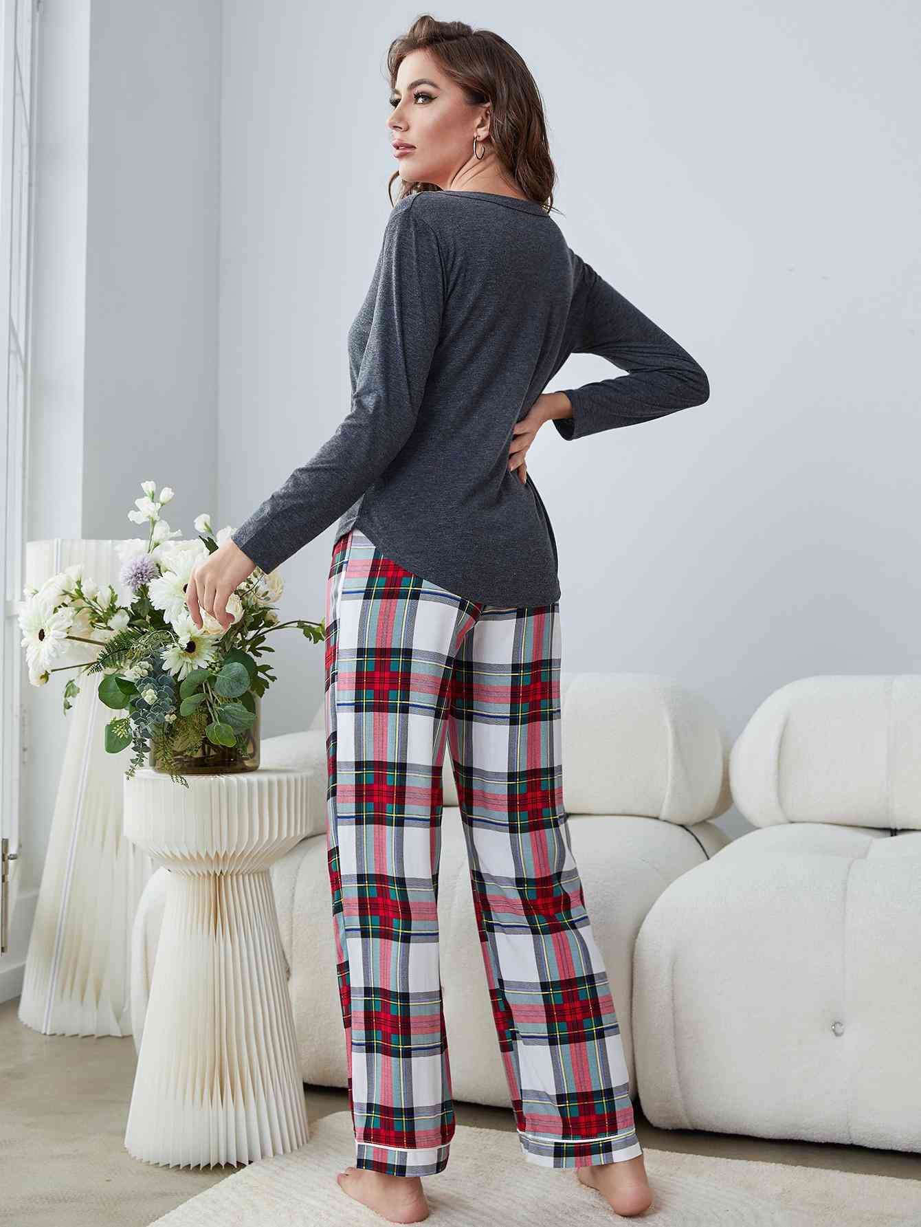 Henley Long Sleeve Top and Plaid Pants Lounge Set