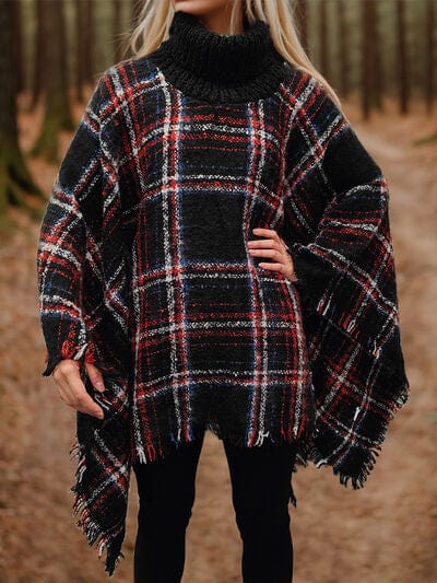 Turtleneck Plaid Raw Hem Sweater Poncho Black / One Size