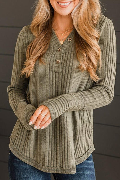 Ribbed Henley Long Sleeve Top Sage / S