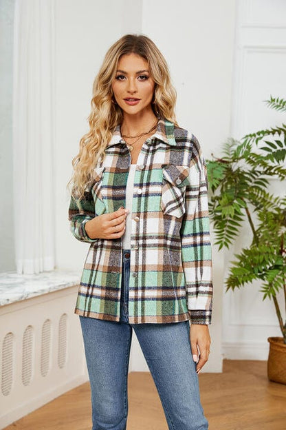 Collared Plaid Shacket Mid Green / S