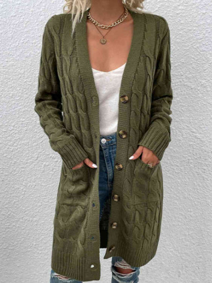 Cable-Knit Button Down Cardigan with Pockets Army Green / S