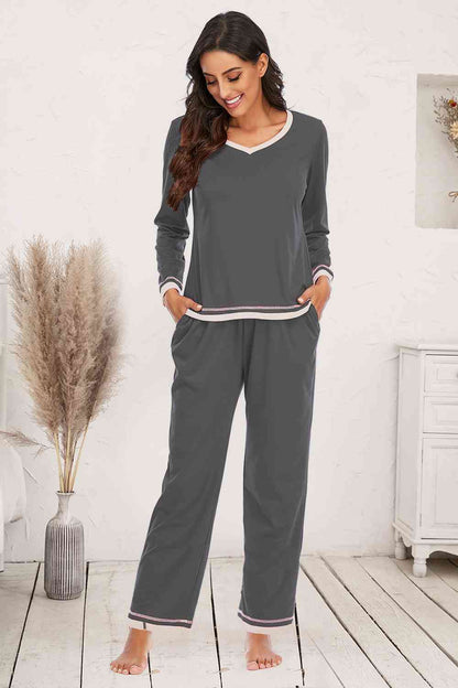 V-Neck Top and Pants Lounge Set Charcoal / S