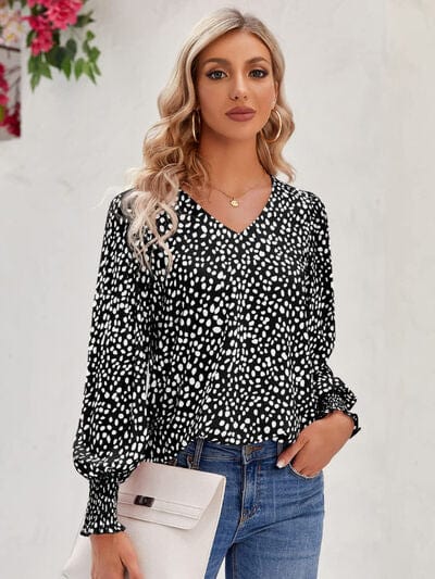 Printed V-Neck Lantern Sleeve Blouse Black / S