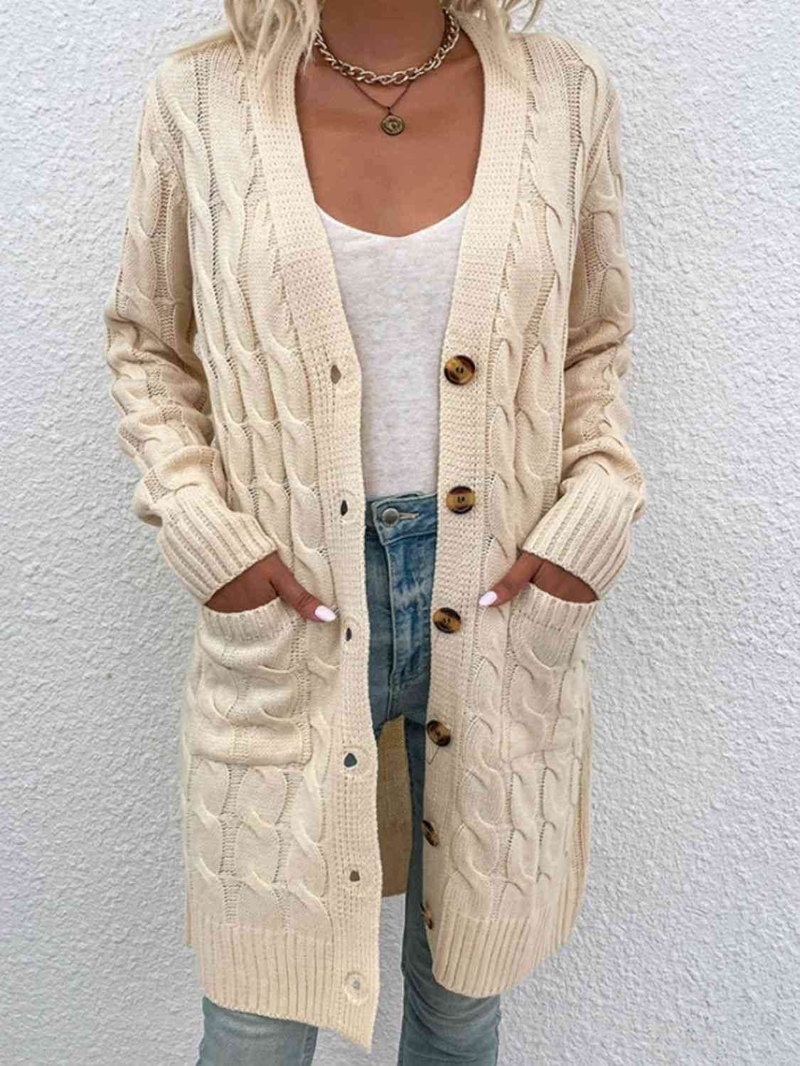 Cable-Knit Button Down Cardigan with Pockets Sand / S