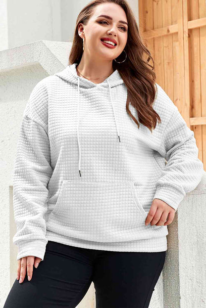 Plus Size Front Pocket Long Sleeve Hoodie White / 1XL