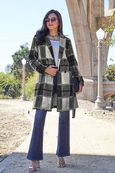 Double Take Full Size Plaid Button Up Lapel Collar Coat Black / S