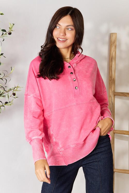 Zenana Half Snap Fushia Hoodie with Pockets Fuchsia / S