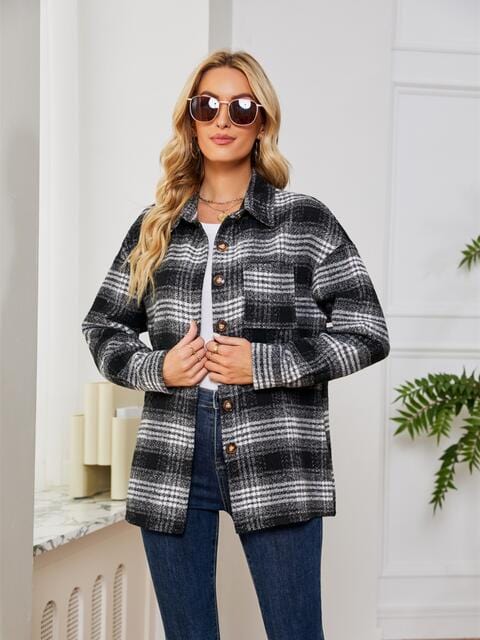 Plaid Collared Shirt Jacket Black / S