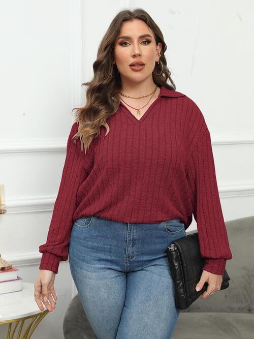 Plus Size Ribbed Collared Neck Long Sleeve Blouse Brick Red / L
