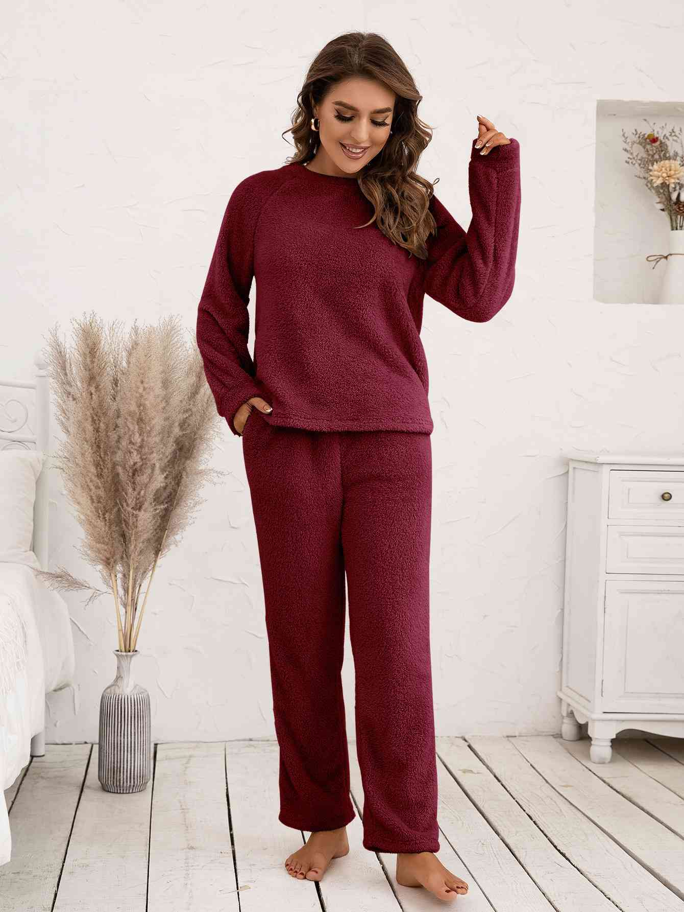 Teddy Long Sleeve Top and Pants Lounge Set Wine / S