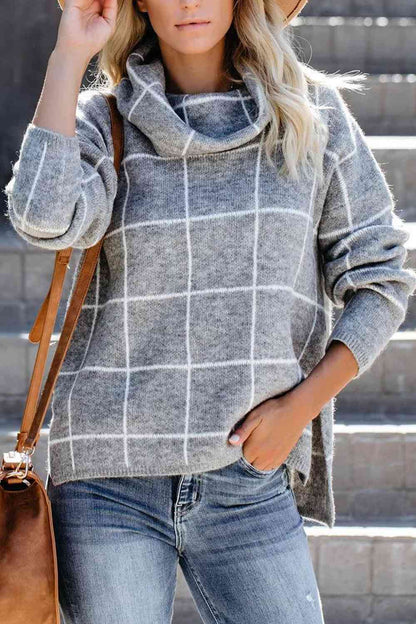 Plaid Turtleneck Drop Shoulder Sweater Charcoal / S