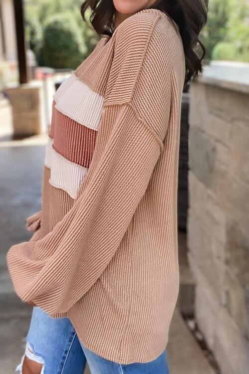 Ribbed Color Block Exposed Seam Round Neck Sweatshirt