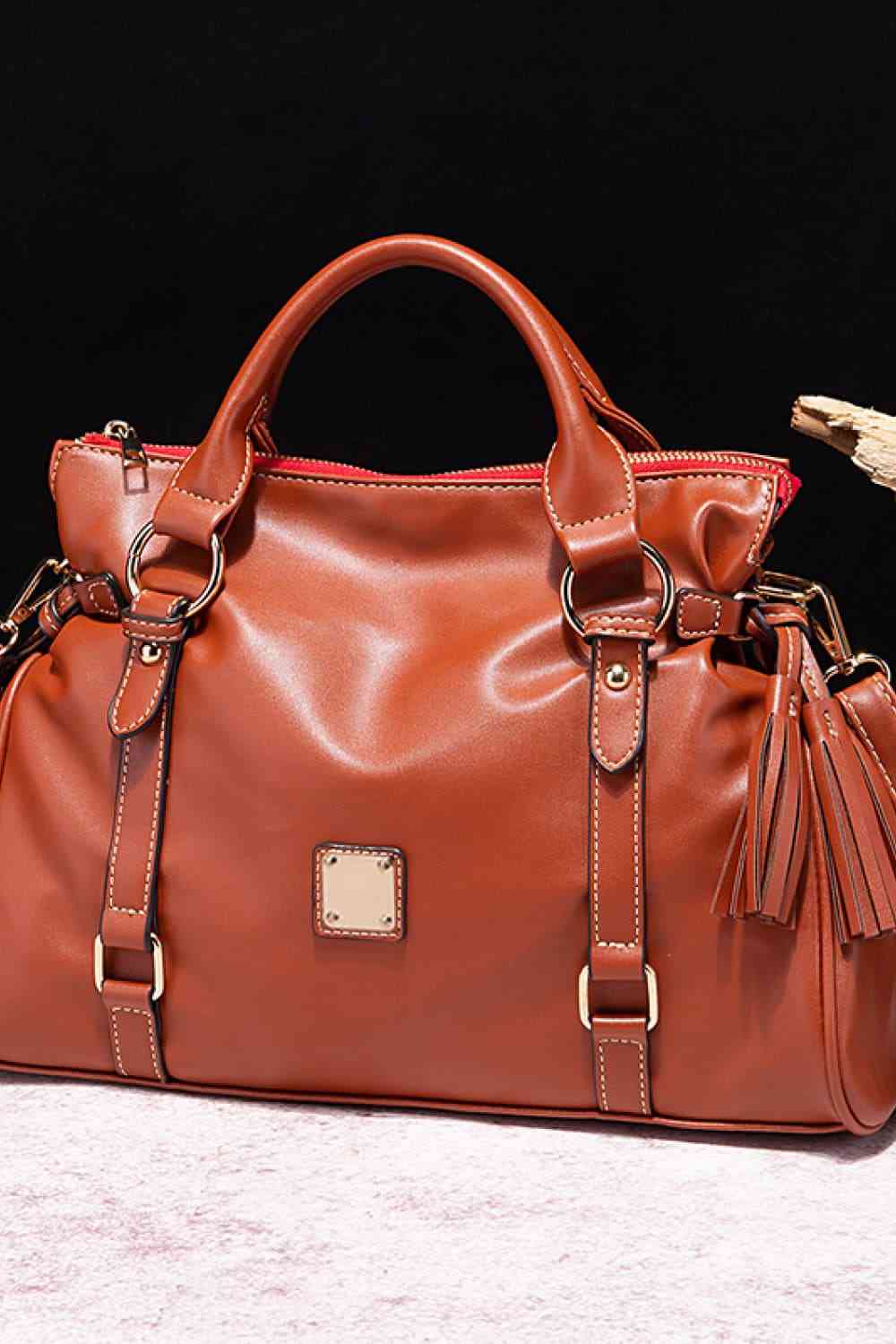 Vegan Leather Handbag with Tassels Caramel / One Size