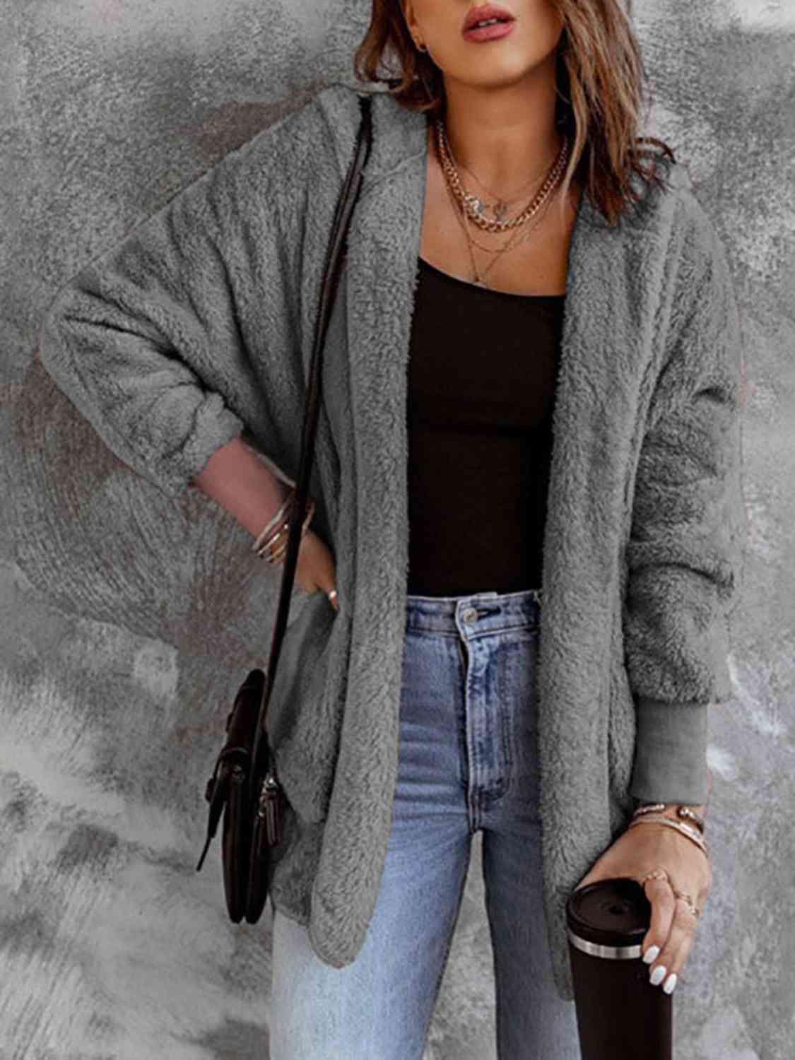 Open Front Hooded Faux Fur Outwear with Pockets Charcoal / S