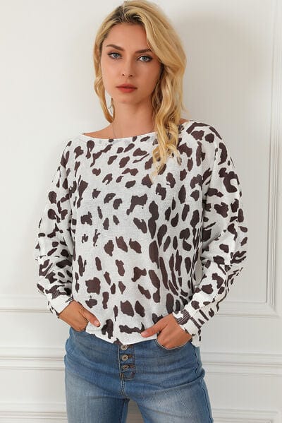 Leopard Boat Neck Long Sleeve Sweater White / S