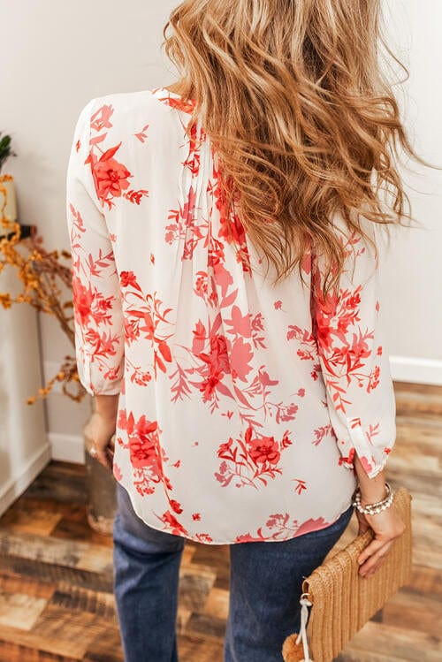 White Floral Notched Neck 3/4 Sleeve Blouse