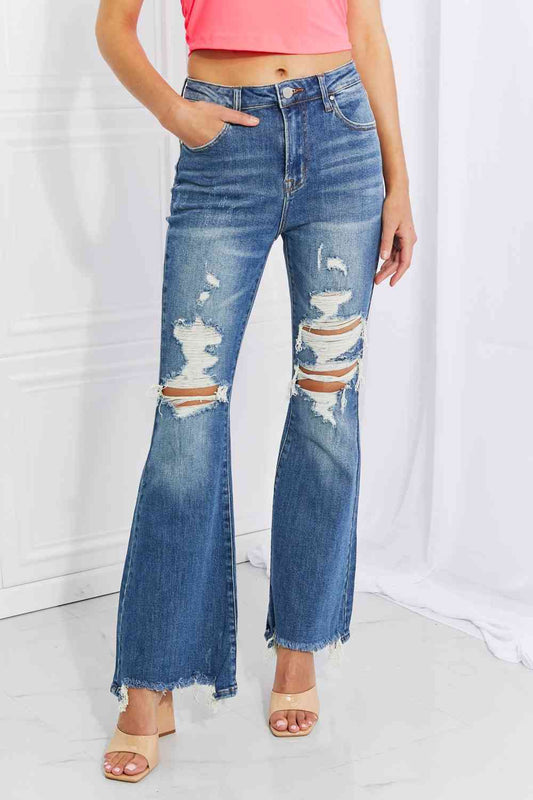 RISEN Full Size Hazel High Rise Distressed Flare Jeans Dark / 1(25)