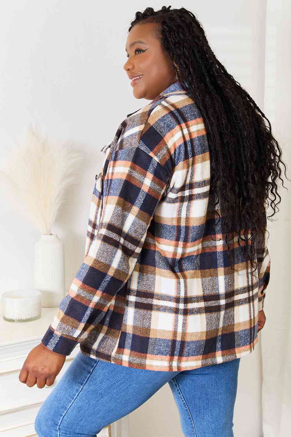 Double Take Navy Plaid Button Front Shirt Jacket with Breast Pockets