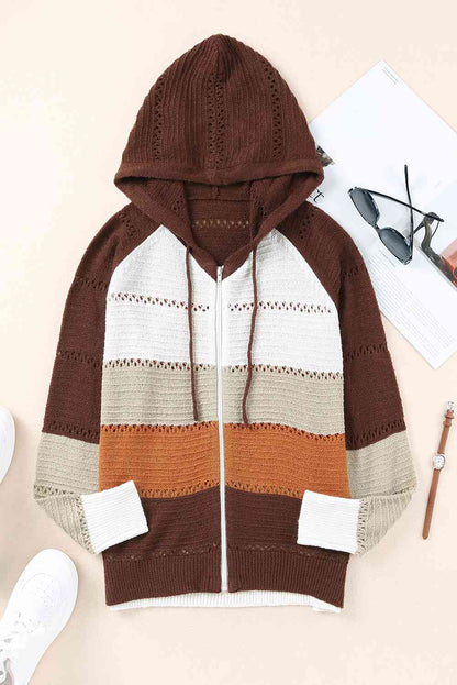 Zip-Up Raglan Sleeve Openwork Hooded Cardigan Coffee Brown / S