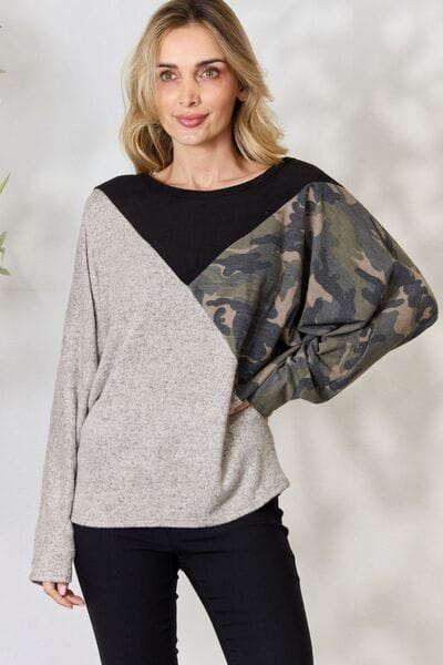 BiBi Brushed Hacci Color Block Long Sleeve Top Taupe / S