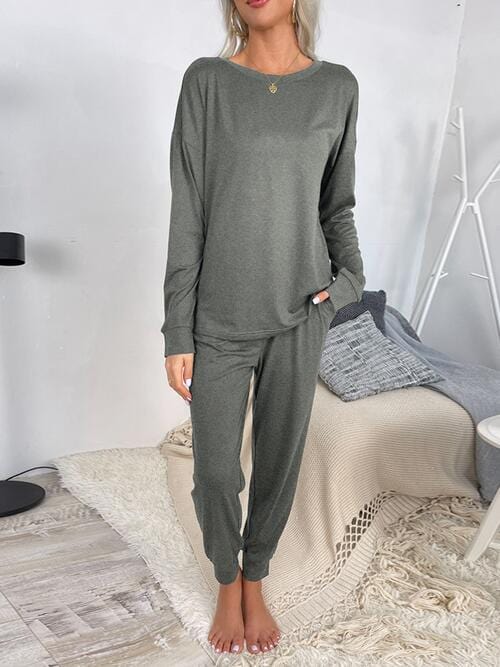 Round Neck Top and Drawstring Pants Lounge Set Heather Gray / S