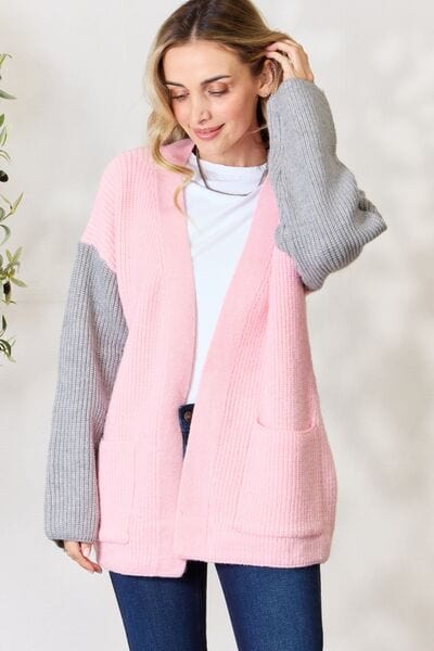 BiBi Contrast Open Front Cardigan with Pockets Blush/Grey / S