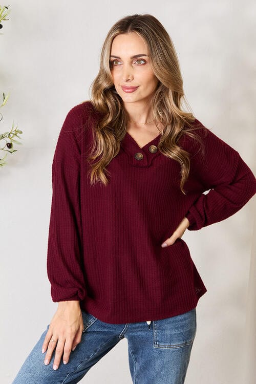 Zenana Buttoned V-Neck Long Sleeve Blouse Dark Burgundy / S