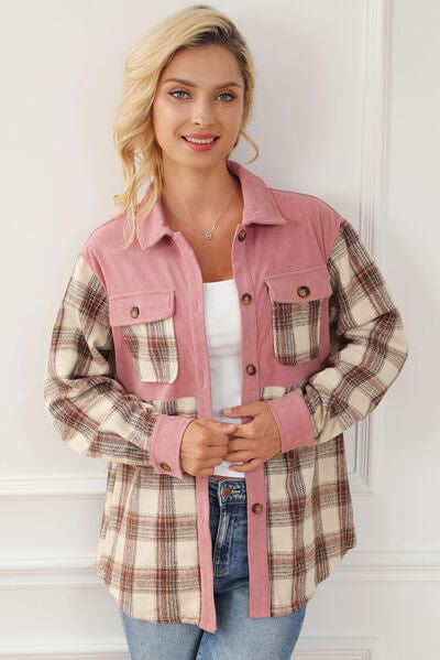 Button Up Plaid Collared Neck Jacket Dusty Pink / S