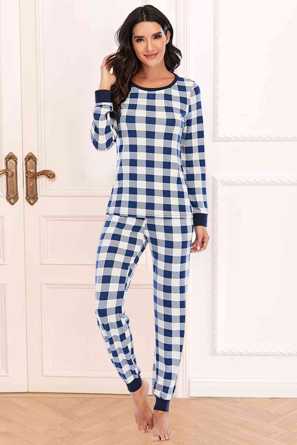 Plaid Round Neck Top and Pants Set Navy / S